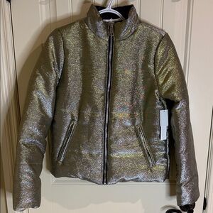 Design Lab Lord & Taylor Metallic Silver & Gold Women's Puffer Bomber Jacket SzS